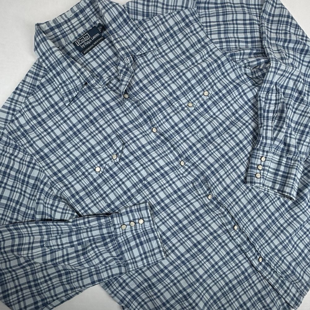 VTG Polo Ralph Lauren Shirt Mens Large Plaid Western Sawtooth Pearl Snap Cowboy
